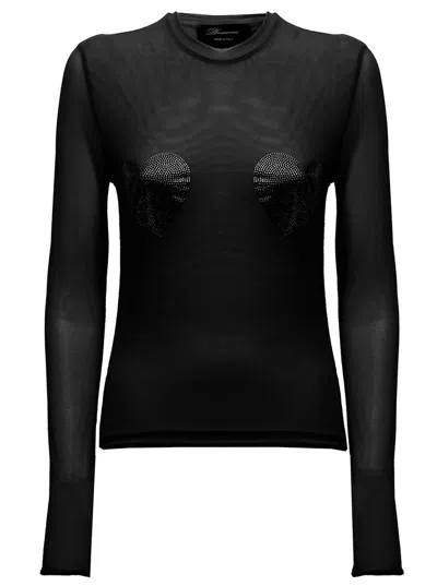 Blumarine Sheer Rhinestone-heart T-shirt In Black