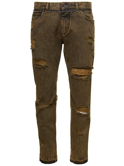 Dolce & Gabbana Brown Straight Jeans With Rips In Cotton Denim Man