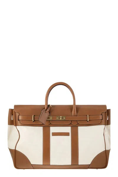 Brunello Cucinelli Country Bag In Leather And Fabric In Milk