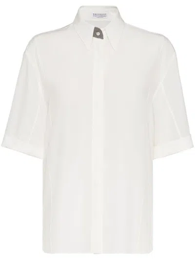 Brunello Cucinelli Short-sleeve Silk Shirt In Beige