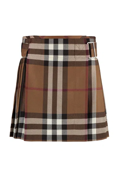 Burberry Check Pattern Wool Skirt In Brown