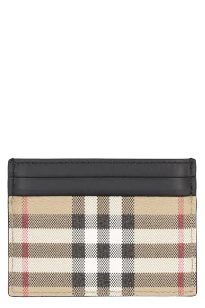 Burberry Leather And Checked Fabric Card Holder In Archive Beige