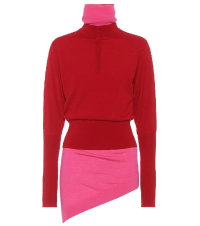 Jw Anderson J.w.anderson Woman Asymmetric Layered Two-tone Wool-blend Turtleneck Jumper Crimson In Red,pink