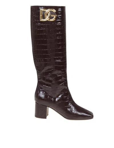 Dolce & Gabbana Dg Logo Leather Boots In Marrón Oscuro