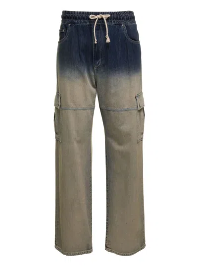 Dolce & Gabbana Blue And Beige Cargo Trousers With Logo Plaque And Gradient Effect In Cotton Denim Man
