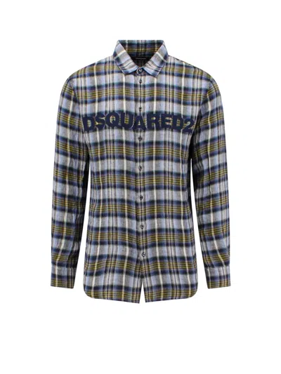 Dsquared2 White And Green Check Linen Shirt In Blue