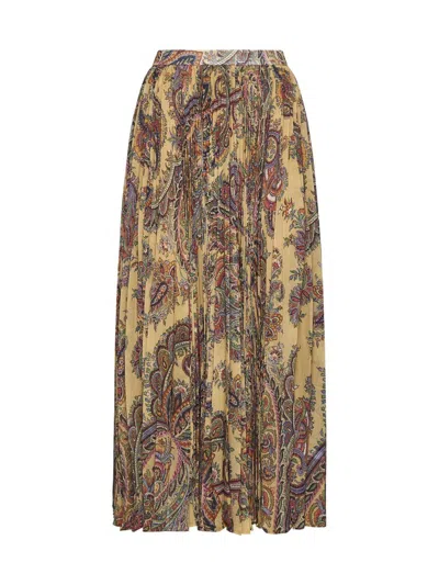 Etro Maxi Multicolor Pleated Skirt With All-over Paisley Print In Fabric Woman In Beige