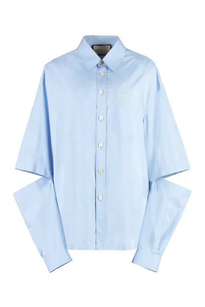 Gucci Womens Sky Blue Brand-tab Detachable-sleeve Cotton-poplin Shirt In Light Blue