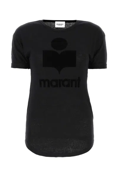 Isabel Marant Étoile Black Crewneck T-shirt With Tonal Logo Print In Linen Woman