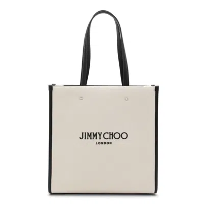 Jimmy Choo White Canvas And Black Leather Tote Bag In Beige
