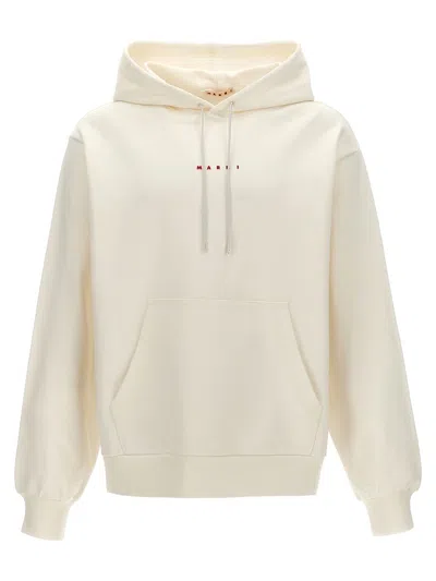 Marni Logo Printed Drawstring Hoodie In White