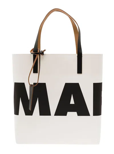 Marni Black And White Paper Fabric Shopper Bag With Logo  Woman
