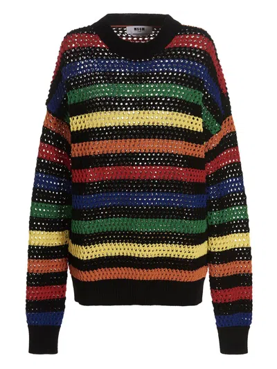 Msgm Striped Cotton Net Knit Sweater In Black