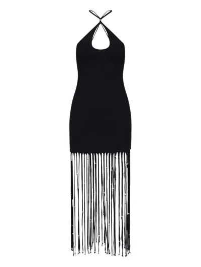 Rotate Birger Christensen Fringe-trimmed Jersey Maxi Dress In Black