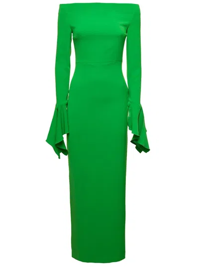 Solace London 'amalie' Maxi Green Dress With Straight Neckline And Volant Detail In Polyester Woman