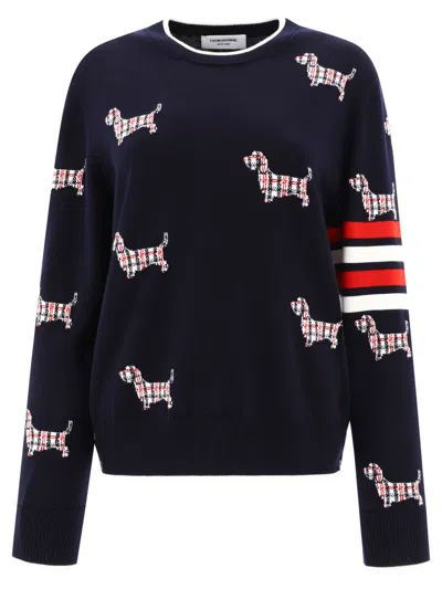Thom Browne Hector Icon Half Drop Jersey Stitch Relaxed Fit Crewneck Pullover In Merino Wool W/ 4 Bar Strip In Blu