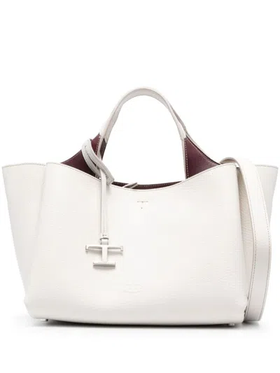 Tod's White Handbag With Embossed Logo And T Timeless Charm In Grainy Leather Woman