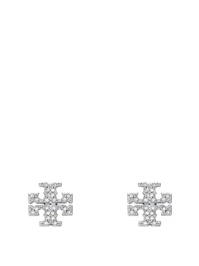 Tory Burch Crystal Logo Earrings In Silver