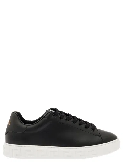 Versace Greca Leather Sneakers In Black