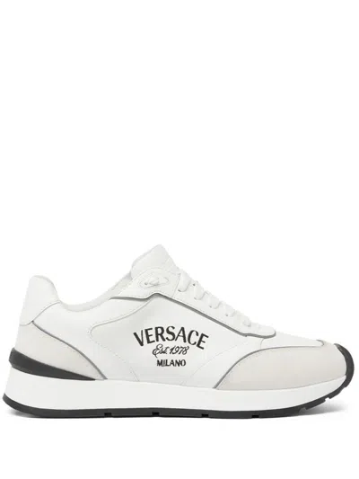 Versace Sneaker Calf Leather+suede+ Embroidery Shoes In White
