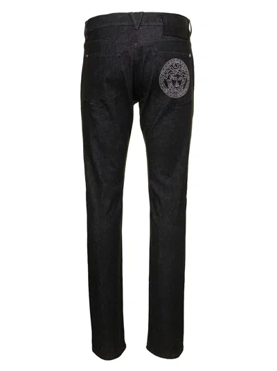 Versace Black Straight Jeans With Studded Medusa In Stretch Cotton Denim Man