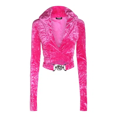 Versace Velvet Hooded Cropped Knit In Pink