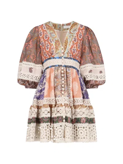 Zimmermann Mini Multicolor Dress With Puff Sleeves And All-over Paisley Print In Linen Woman
