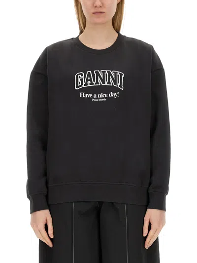 Ganni Logo Organic Cotton Sweatshirt In Black