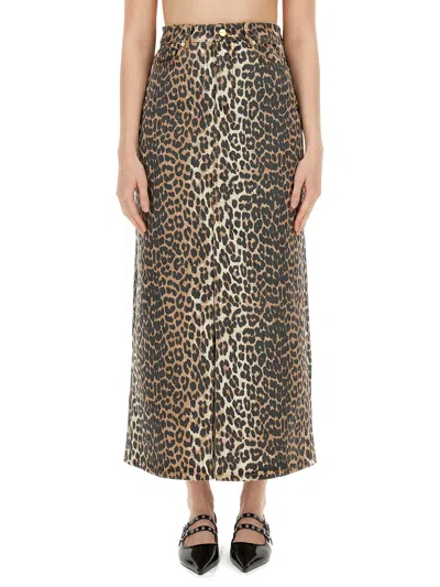 Ganni Leopard-print Organic Denim Maxi Skirt In Animalier