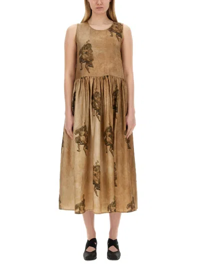 Uma Wang Printed Sleeved Ardal Dress In Brown