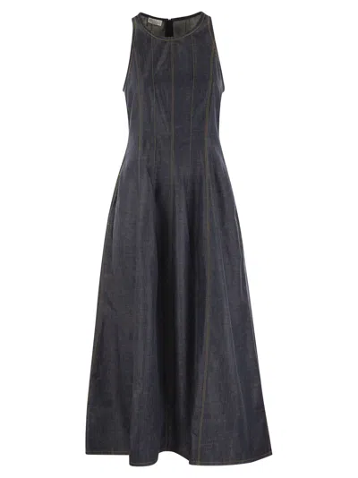 Brunello Cucinelli Glossy Denim Structured Midi Dress With Contrast Stitching