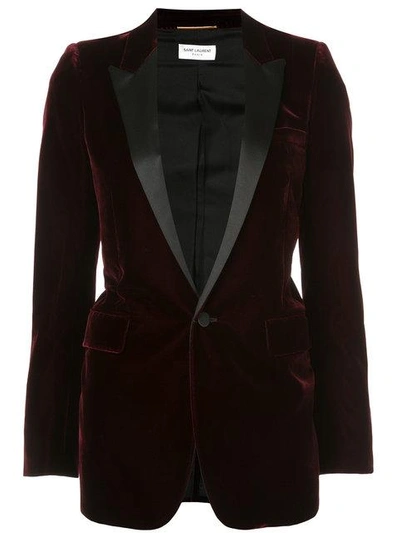 Saint Laurent Single Breasted Velvet & Satin Jacket, Bordeaux In Red