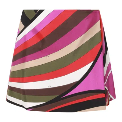 Pucci Multicolor Silk Skirt In Khaki/fuxia