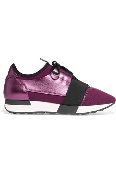 Balenciaga Race Runner Metallic Textured-leather, Mesh And Neoprene Sneakers In Purple