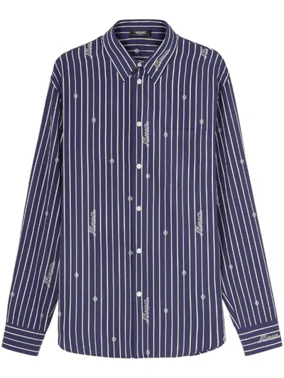 Versace Striped Cotton Poplin Shirt In Navy
