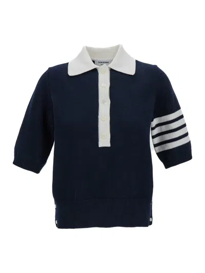Thom Browne Hector Icon Jersey Stitch Intarsia Ss Polo In Cotton W/ 4 Bar Stripe In Blu