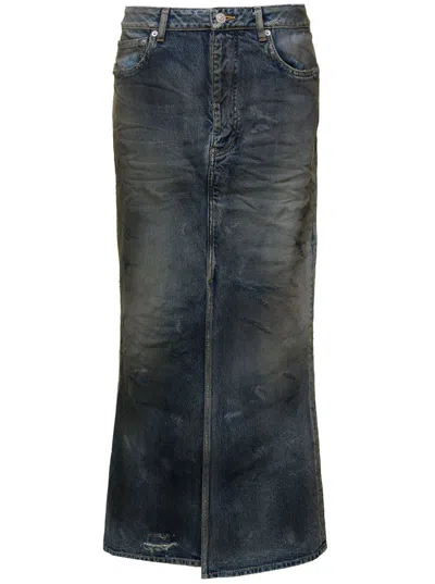 Balenciaga Dark Blue Maxi Skirt With Crinkled Effect With Logo Patch In Cotton Denim Woman