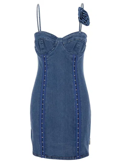 Rotate Birger Christensen Mini Blue Dress With Rose Detail In Cotton Denim Woman In Orion Blue