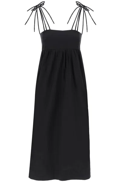 Ganni Midi Poplin String Dress Woman Black In Cotton