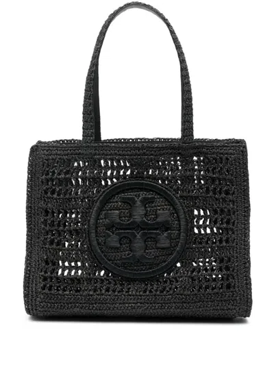 Tory Burch Small Crochet Design Ella Tote Bag In Black Raffia