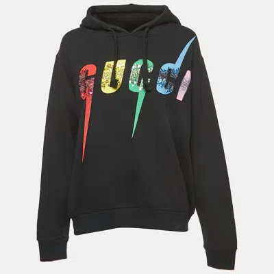 Pre-owned Gucci Black Cotton Sequined Logo Hooded Oversized Sweatshirt Xs