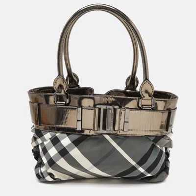 Pre-owned Burberry Grey/metallic Beat Check Nylon And Leather Easton Landscape Tote