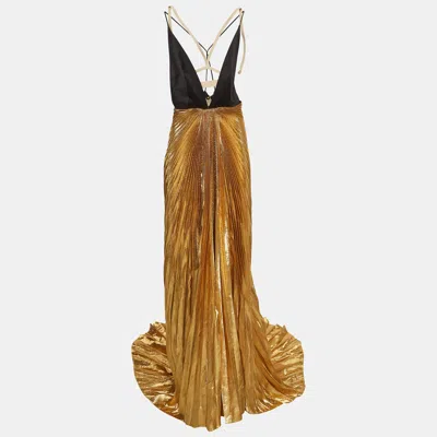 Pre-owned Gucci Metallic Gold Satin Silk And Lame Plisse With Harness Gown S
