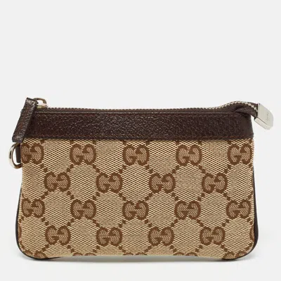 Pre-owned Gucci Beige/brown Gg Canvas And Leather Zip Pouch