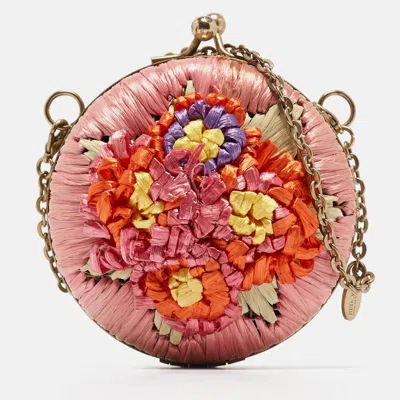 Pre-owned Red Valentino Multicolor Straw And Leather Daisy Round Chain Purse