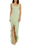 Dress The Population Charlene Square-neck Ruffle Side-slit Gown In Sage