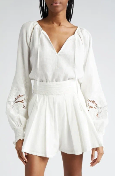 Ramy Brook Flora Long Sleeve Linen Top In White Embroidered