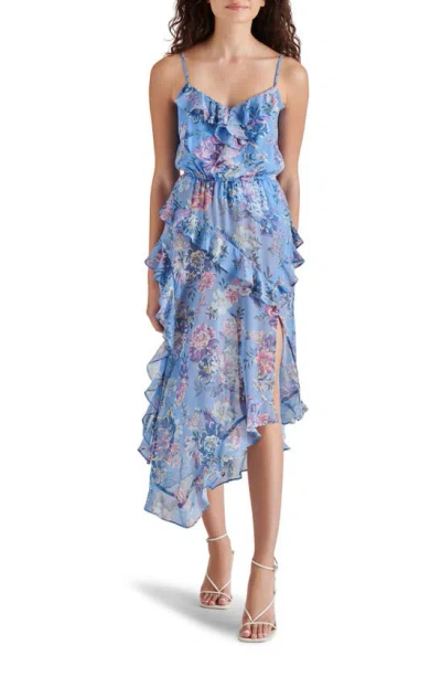 Steve Madden Delphine Floral Print Ruffle Sleeveless Chiffon Midi Dress In Azure Blue