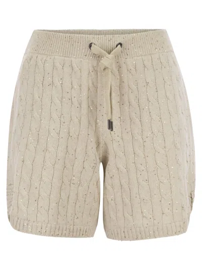 Brunello Cucinelli Cotton Knit Shorts With Sequins In Beige