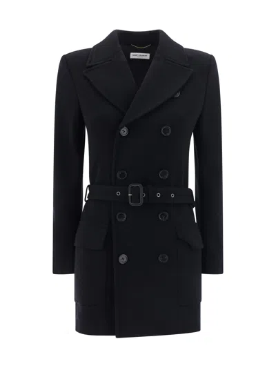Saint Laurent Wool Coat In Noir